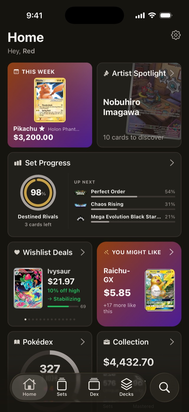 DexNDecks customizable home dashboard with collection widgets