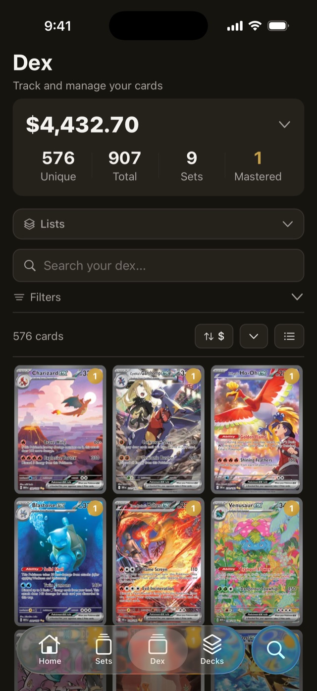 DexNDecks collection with total value and card grid